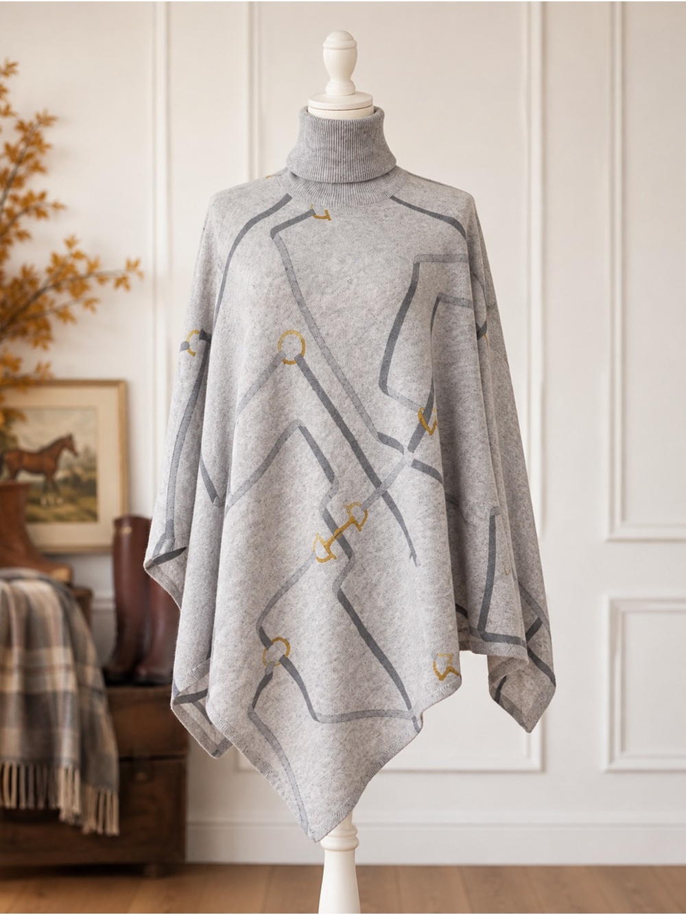 J.McLaughlin 100% Cashmere Horsebit Gray Poncho Cape Turtleneck Equestrian